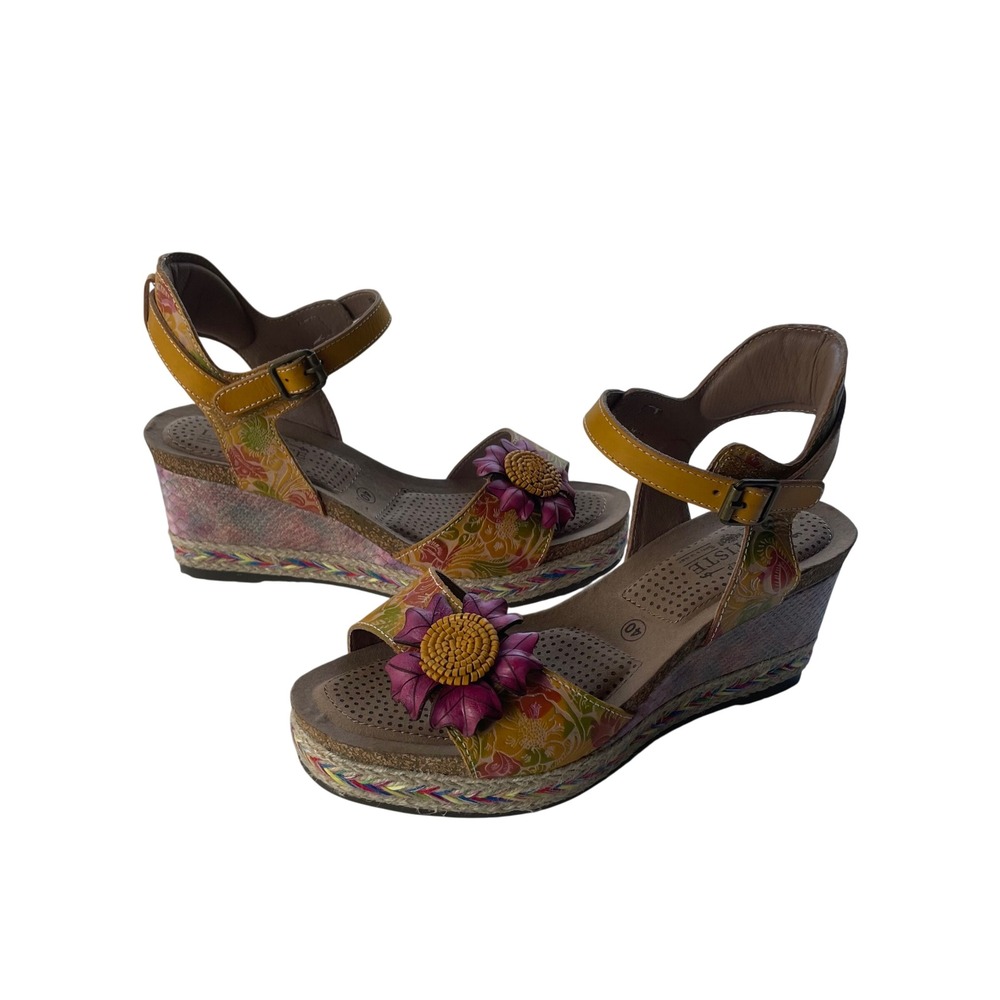 L'ATISTE Yellow Floral Leather Wedge Sandals with Pink Flower Accent - Picture 11 of 12